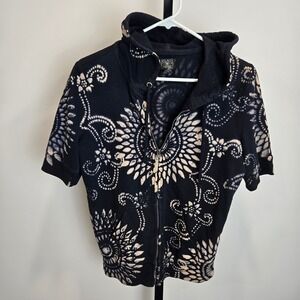 Vintage Y2K Lucky Brand Short Sleeve Hoodie Sweatshirt Tie Dye Sunburst AOP Boho